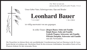 Traueranzeige von Leonhard Bauer von Pegnitz-Zeitung